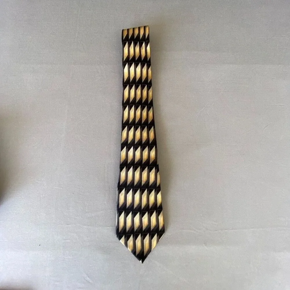 Vintage Giorgio Bissoni Silk Tie Geometric Black Gold Tan 52